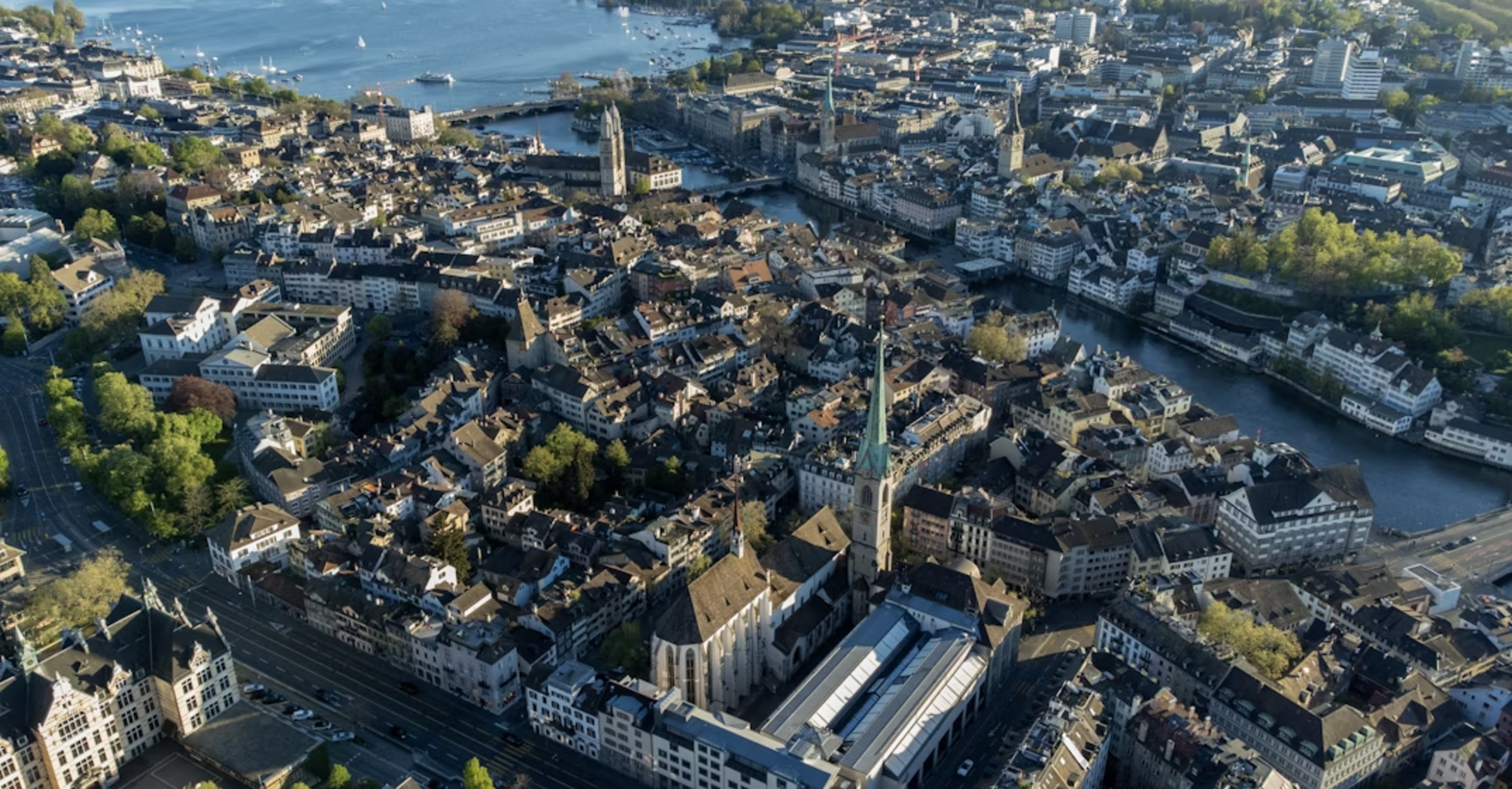 Aerial view of central Zurich with Lake Zurich and historic old town buildings
