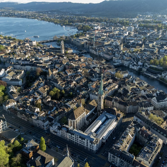 Aerial view of central Zurich with Lake Zurich and historic old town buildings