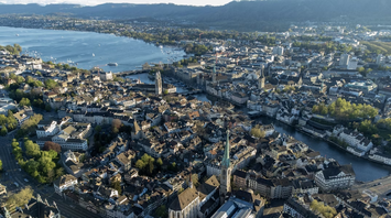 Aerial view of central Zurich with Lake Zurich and historic old town buildings