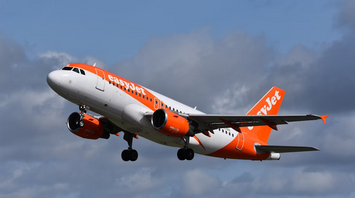 easyJet aircraft taking off against a cloudy sky