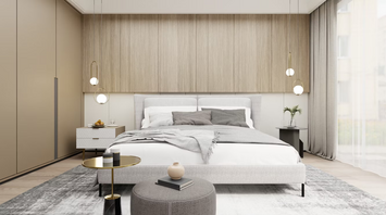Modern hotel bedroom with minimalist design and natural tones