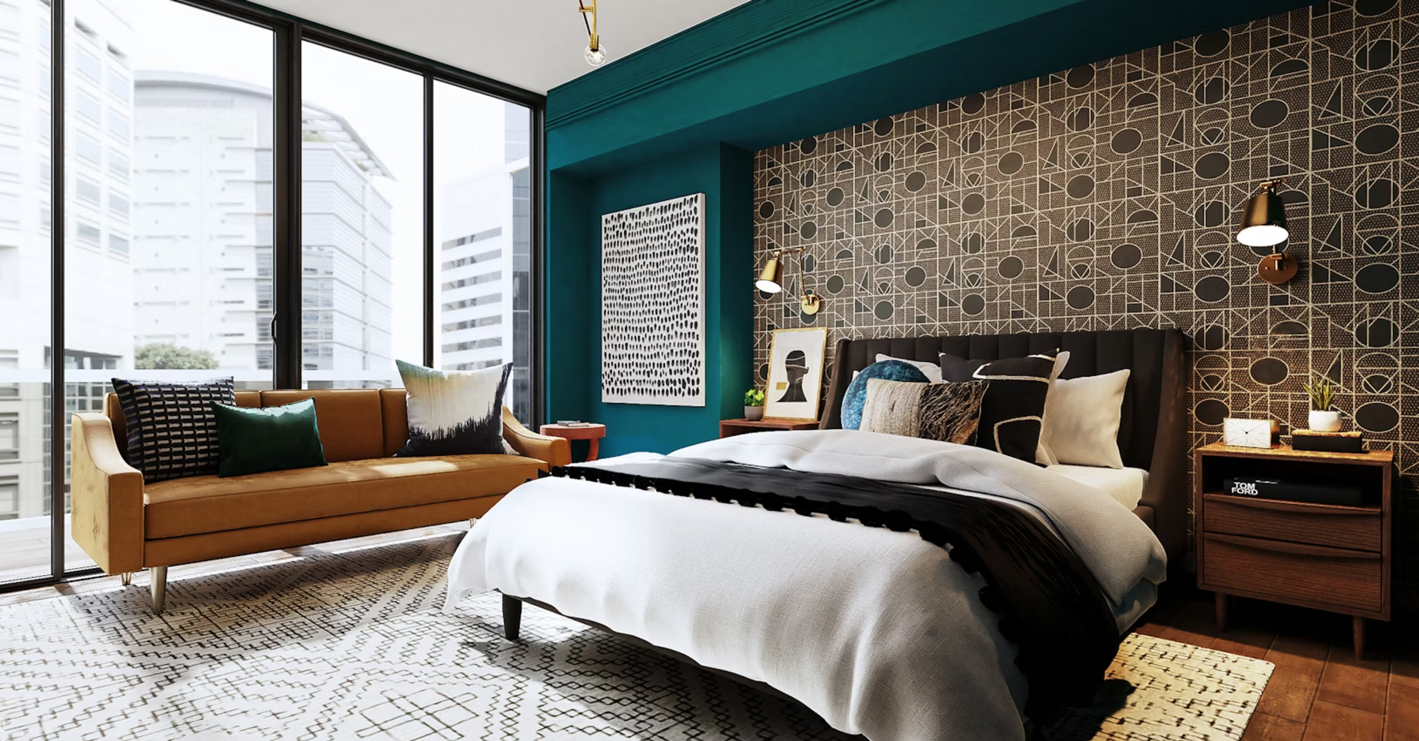 Modern hotel room with geometric wall design, city view, and colorful accents