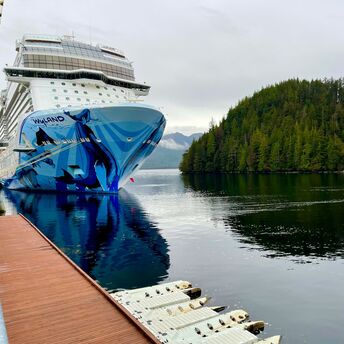 Norwegian Cruise Line ship docked near forested Alaskan coastline