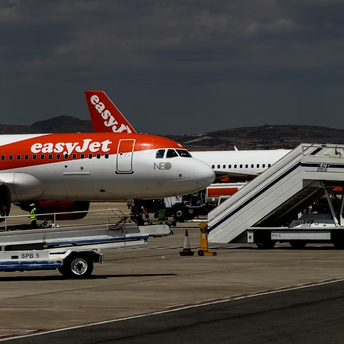 easyJet aircraft on airport tarmac with boarding stairs