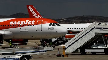 easyJet aircraft on airport tarmac with boarding stairs