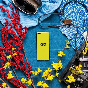 Smartphone with eSIM logo surrounded by travel essentials like flowers, map, camera, and sunglasses