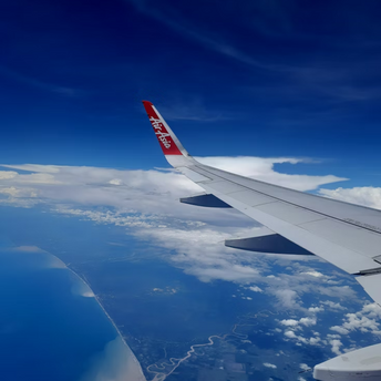 View from airplane window showing coastline and river below during flight over Borneo