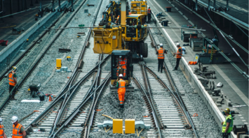 Railway workers and machinery performing track maintenance at a train station