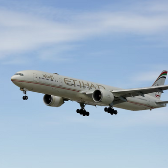 Etihad Airways aircraft approaching for landing against a clear sky