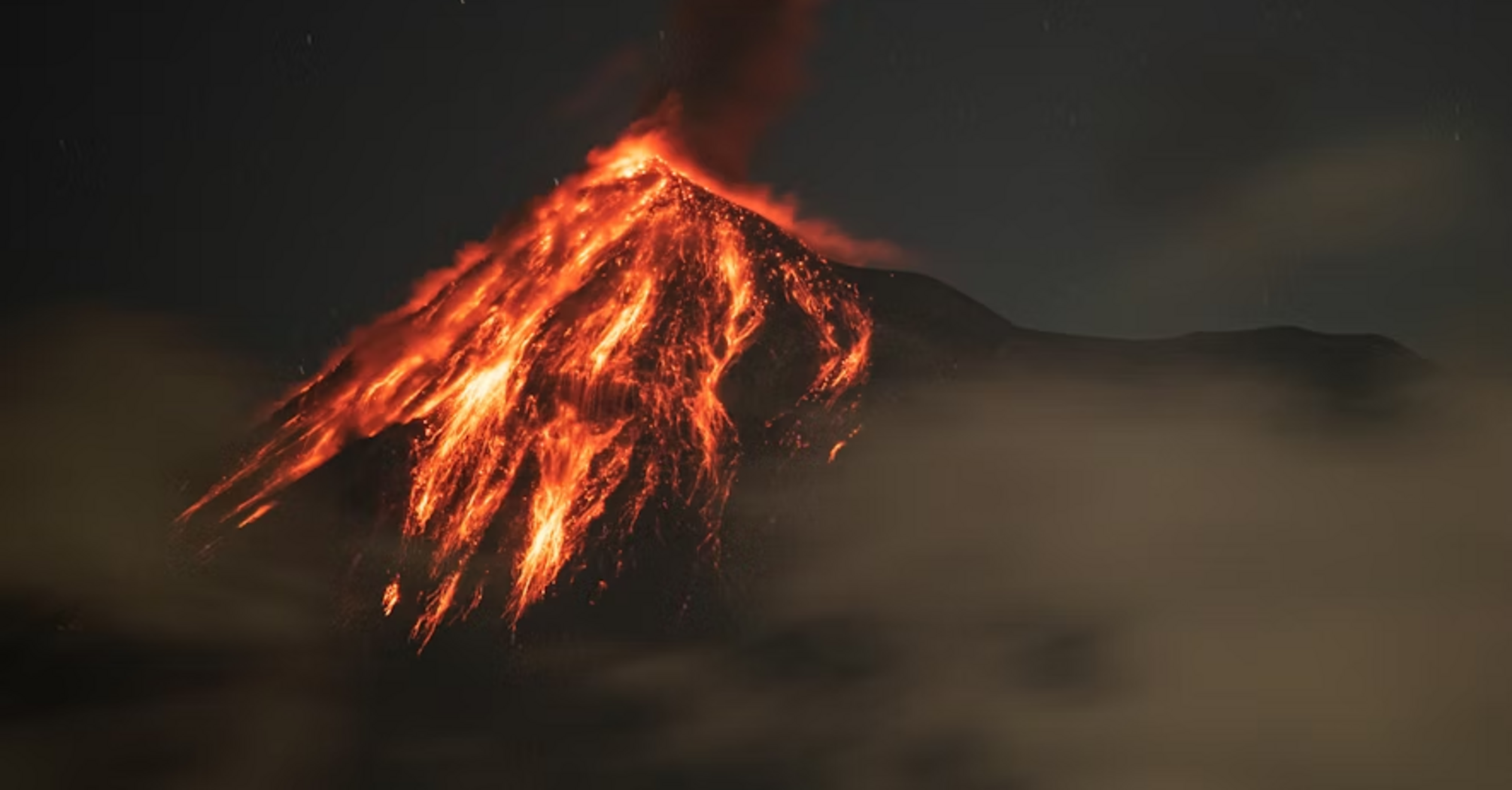 Active volcano erupting at night with lava flows and ash plume
