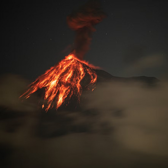 Active volcano erupting at night with lava flows and ash plume