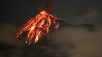 Active volcano erupting at night with lava flows and ash plume