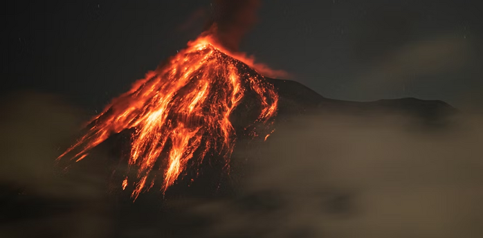 Active volcano erupting at night with lava flows and ash plume