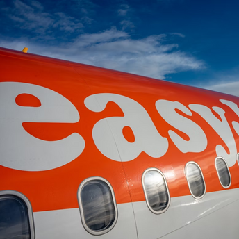 Close-up of an EasyJet aircraft fuselage with logo