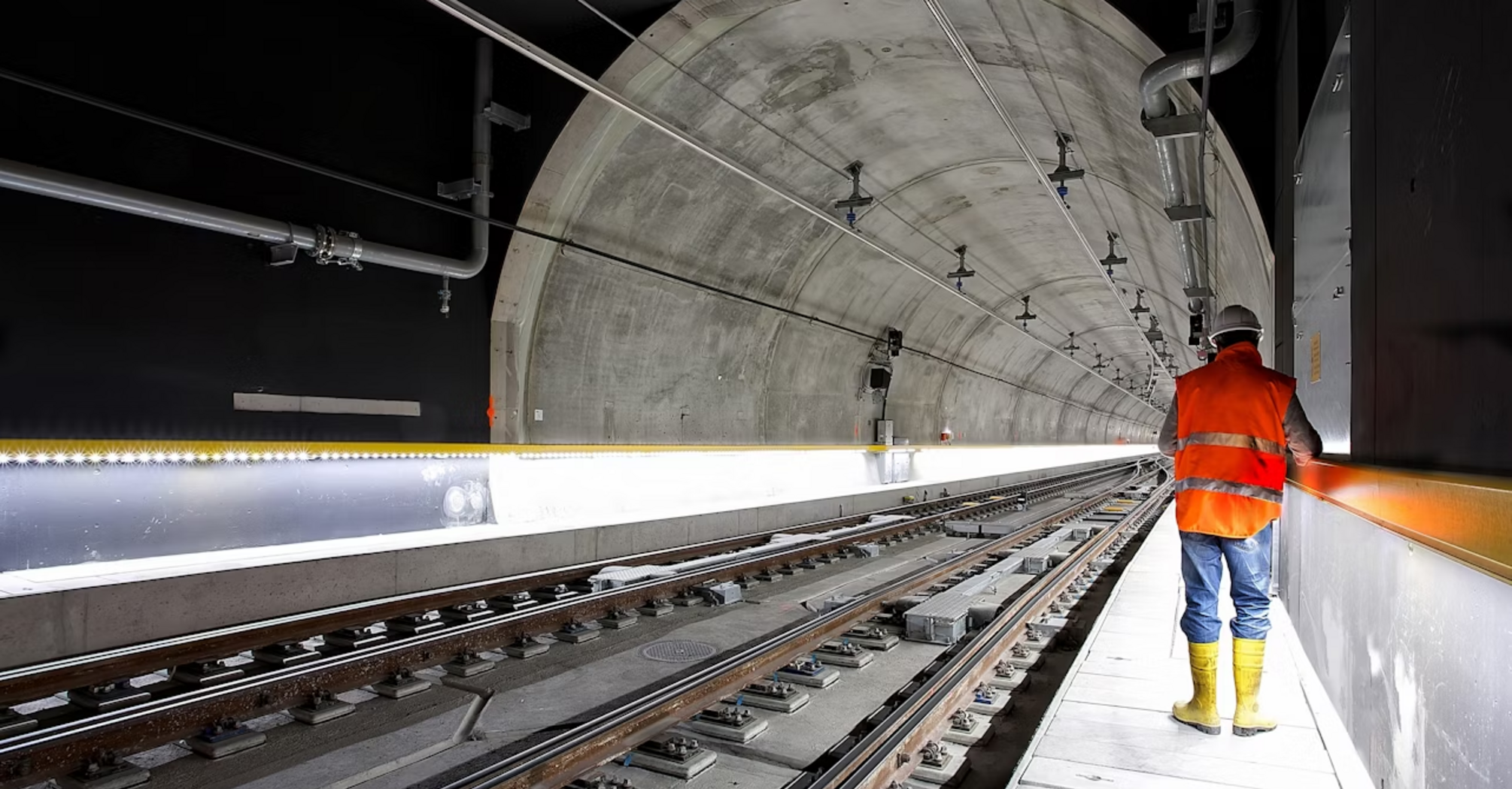 Worker inspecting tracks inside a metro tunnel