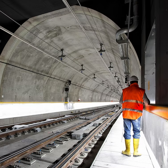 Worker inspecting tracks inside a metro tunnel