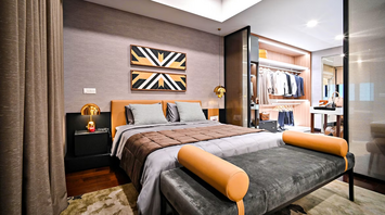 Modern hotel bedroom with open wardrobe and stylish decor