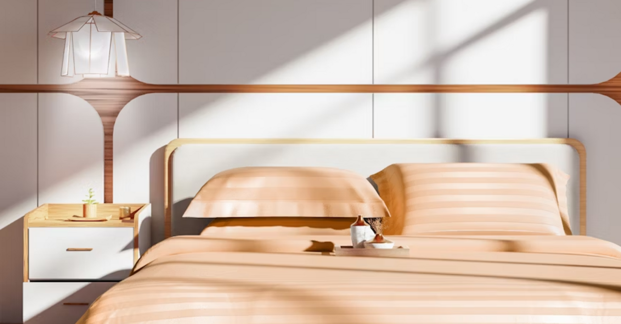 Modern hotel bedroom with sunlight streaming in