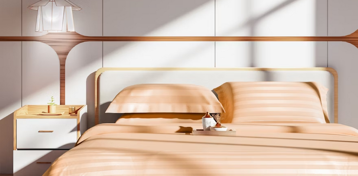 Modern hotel bedroom with sunlight streaming in