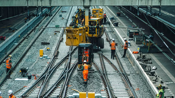 Workers carrying out railway track maintenance and upgrades at a station
