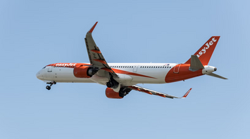 easyJet aircraft approaching for landing against clear blue sky