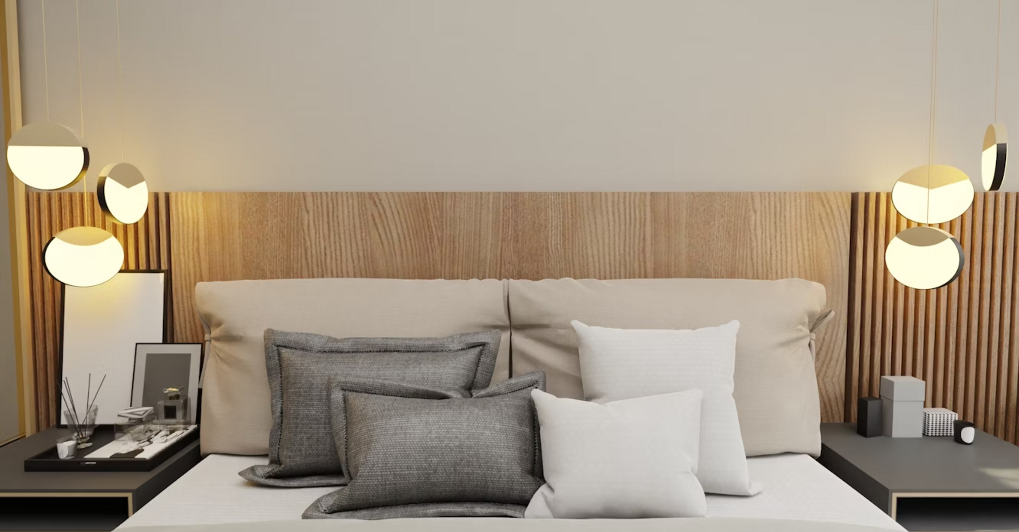 Modern hotel bedroom with neutral tones and soft lighting