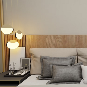 Modern hotel bedroom with neutral tones and soft lighting