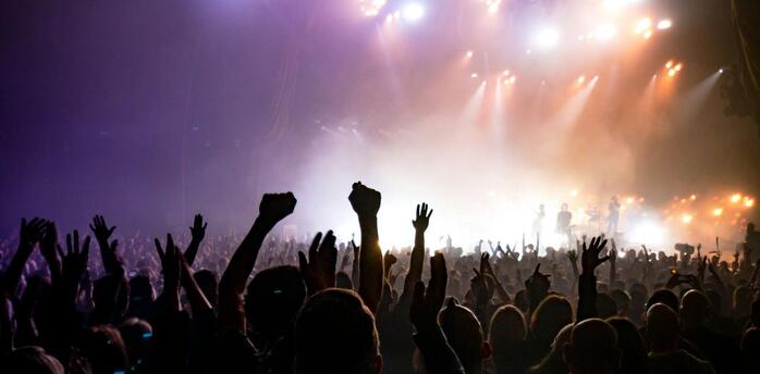 Crowd enjoying a live music concert with stage lights