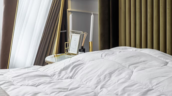 Modern hotel bedroom with stylish decor