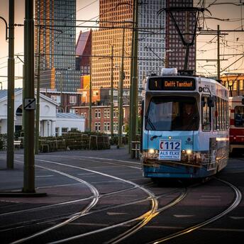Tram on city tracks at sunset with tall buildings in the background