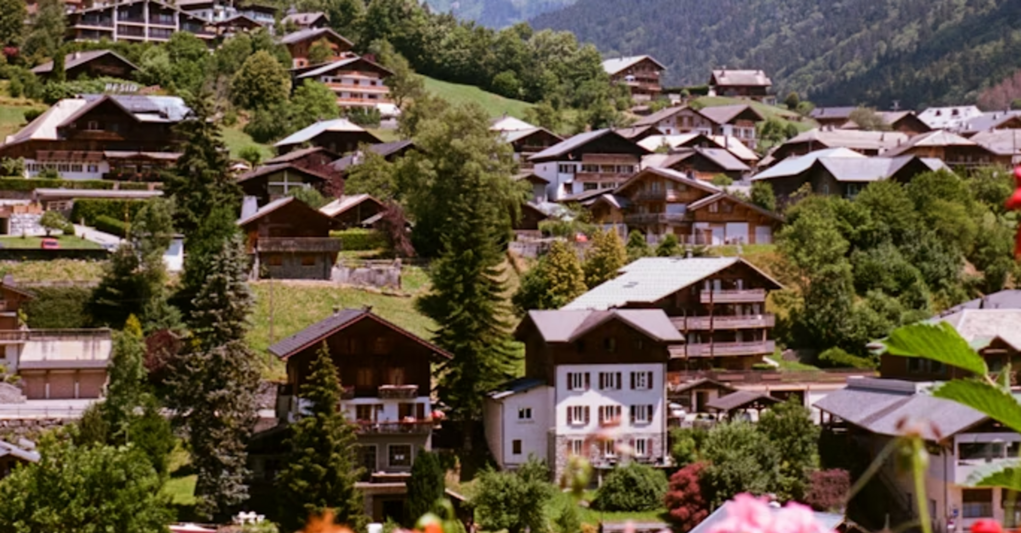 Traditional wooden chalets in the Alpine town of Morzine, surrounded by forested mountains and summer flowers