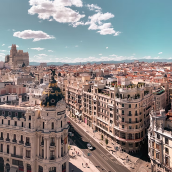 View of central Madrid skyline under a clear blue sky