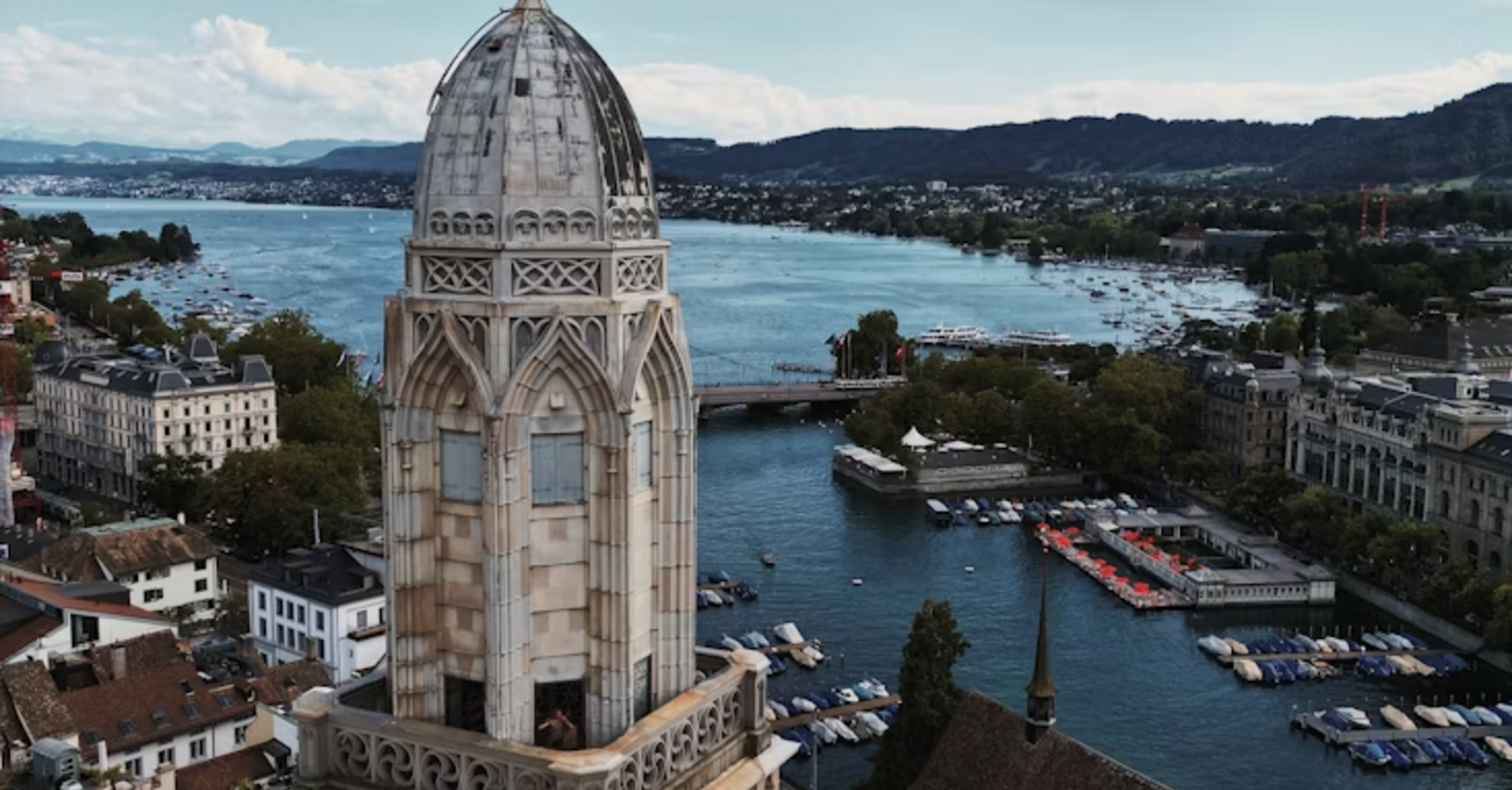 View of Zurich's historic tower overlooking Lake Zurich and cityscape