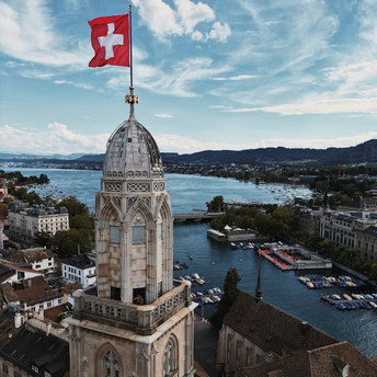View of Zurich's historic tower overlooking Lake Zurich and cityscape
