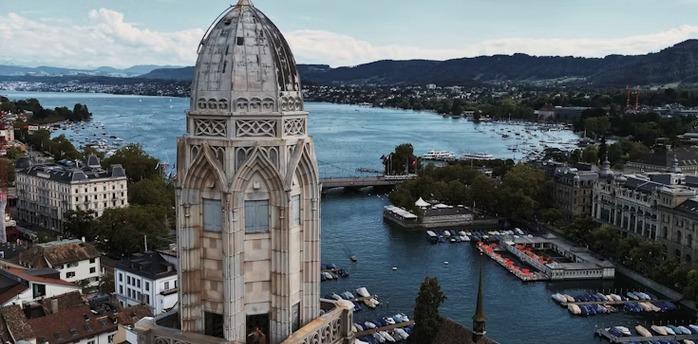 View of Zurich's historic tower overlooking Lake Zurich and cityscape
