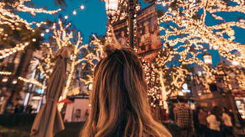 A person admiring festive lights illuminating a European city street in November
