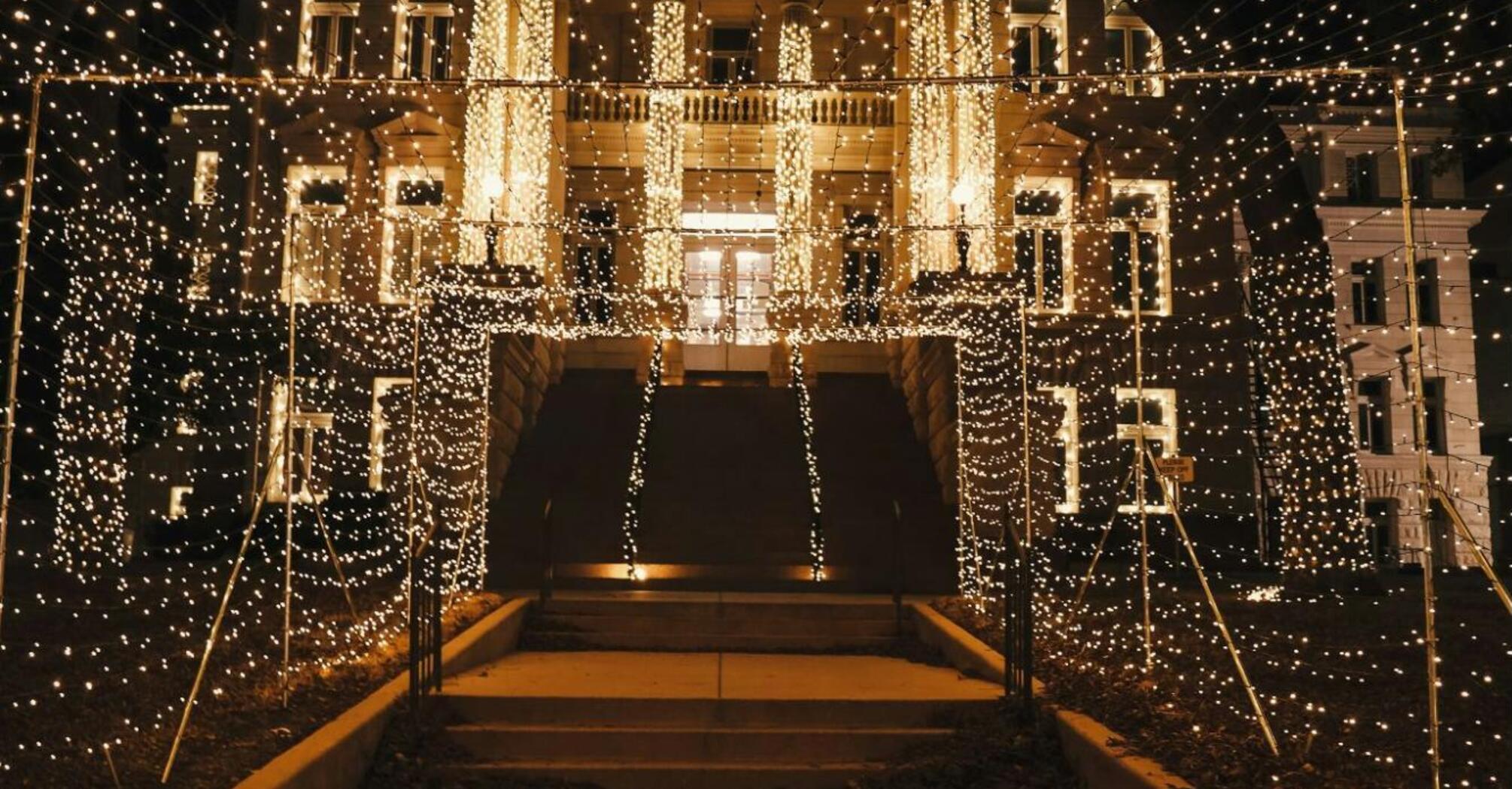 Hotel glowing with festive lights