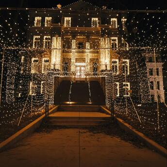 Hotel glowing with festive lights