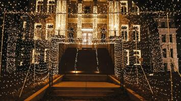 Hotel glowing with festive lights