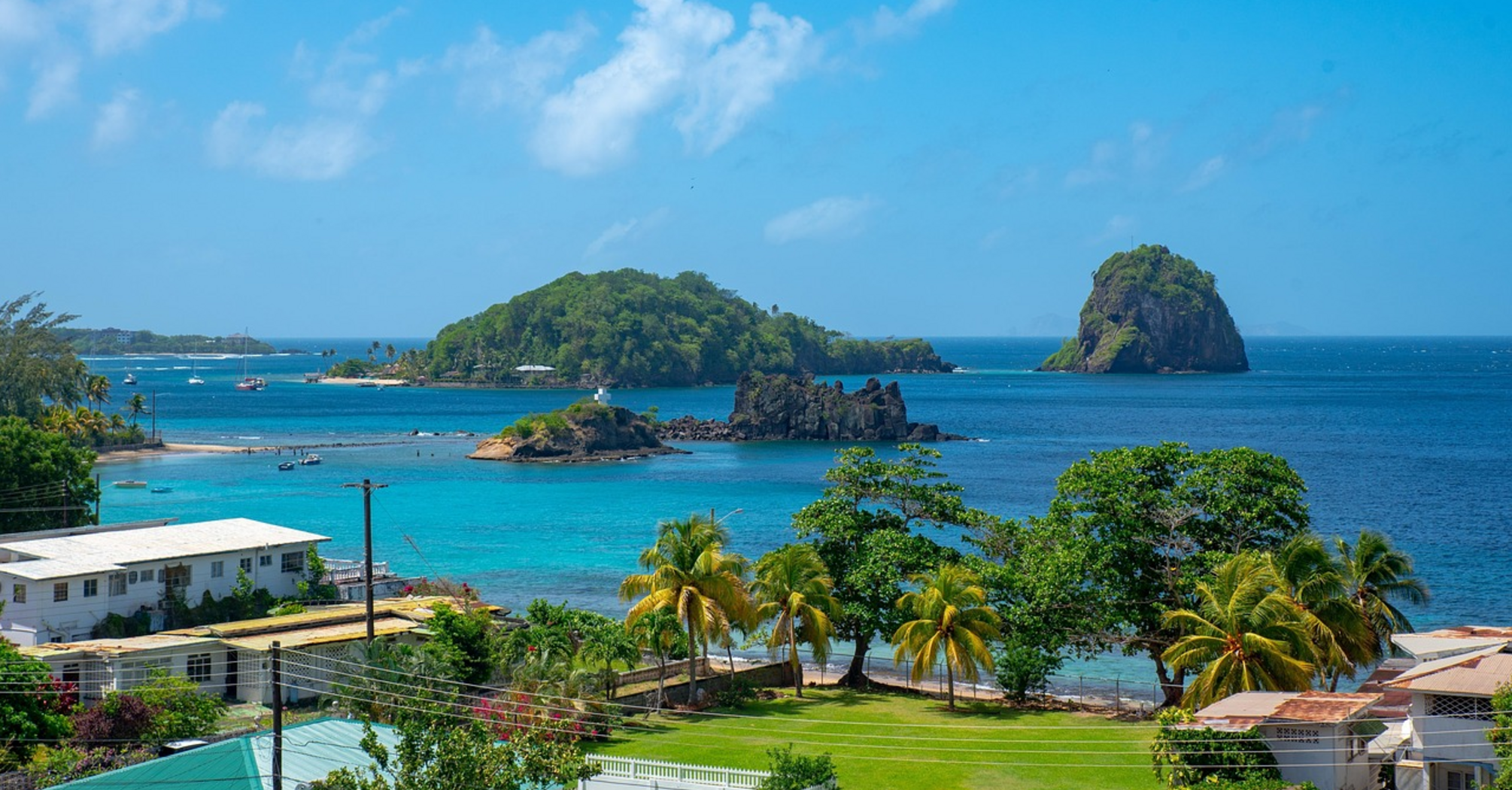 Scenic view of St Vincent coastline with small islands and turquoise waters