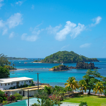 Scenic view of St Vincent coastline with small islands and turquoise waters
