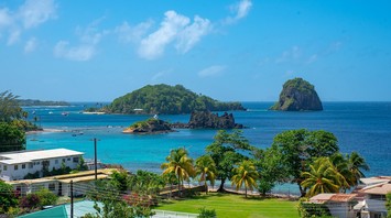 Scenic view of St Vincent coastline with small islands and turquoise waters