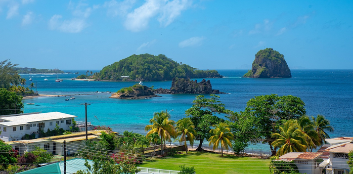 Scenic view of St Vincent coastline with small islands and turquoise waters