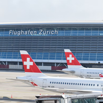 Swiss International Air Lines planes at Zurich Airport terminal