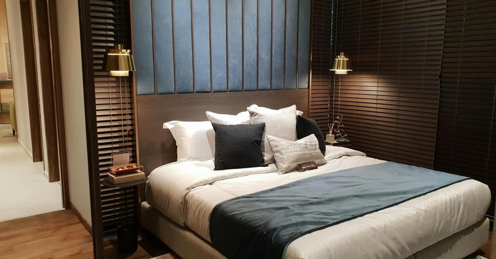 Modern hotel room with cozy design