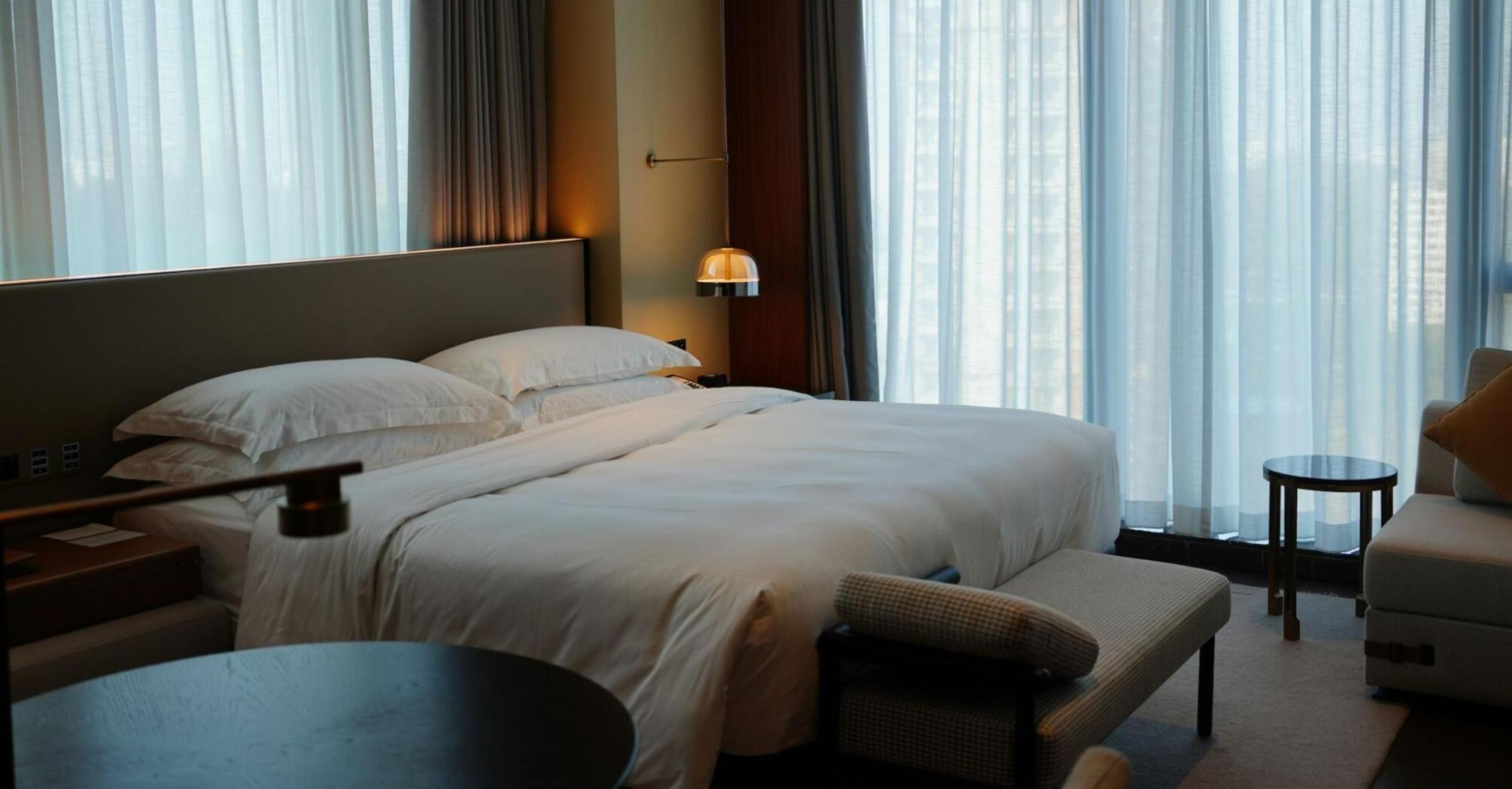 Modern hotel room with large windows
