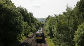 Train moving through green countryside