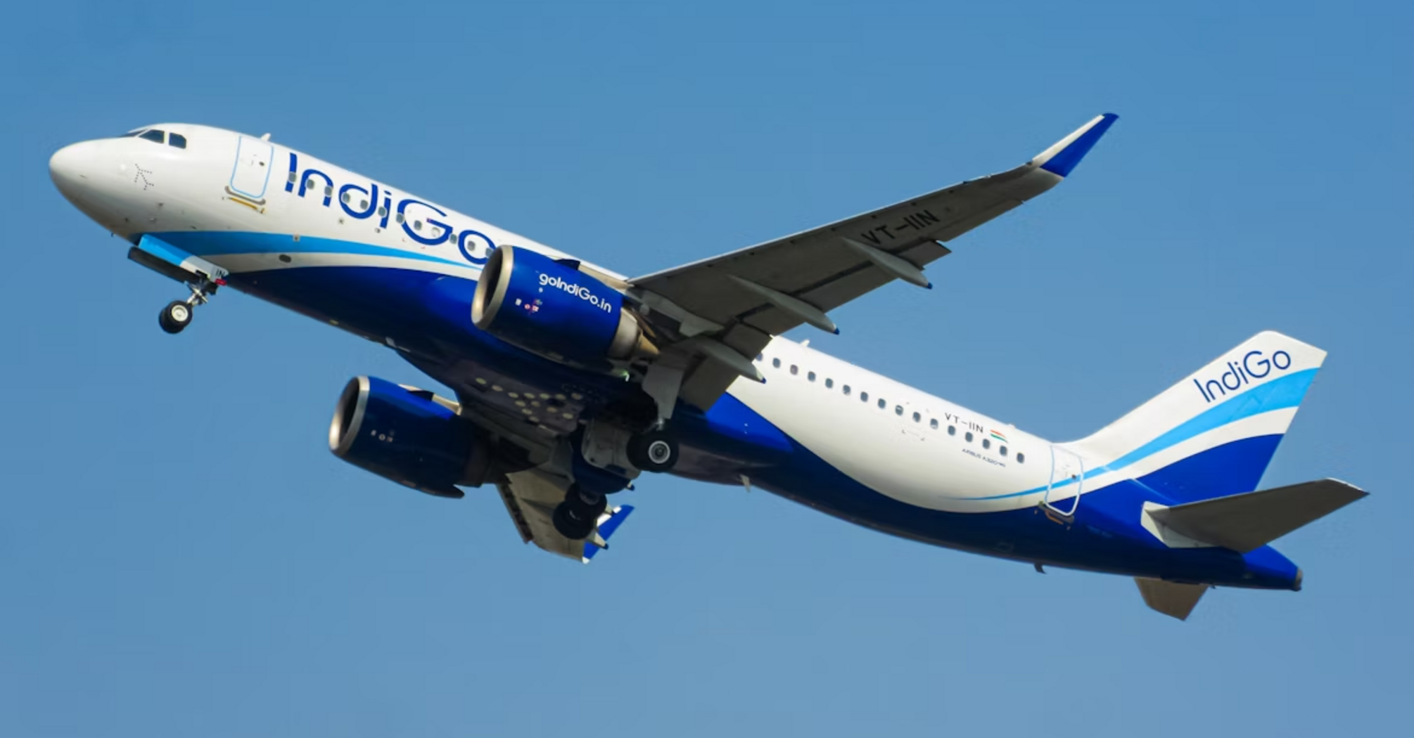 IndiGo airplane in flight against clear sky