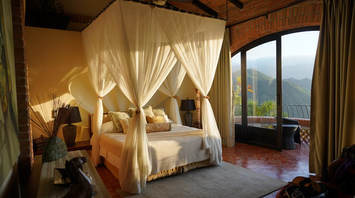 Luxury bedroom with canopy bed and mountain view