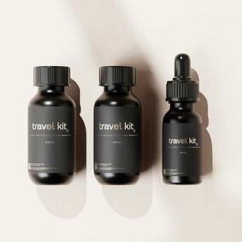 Travel-sized liquid bottles in black packaging